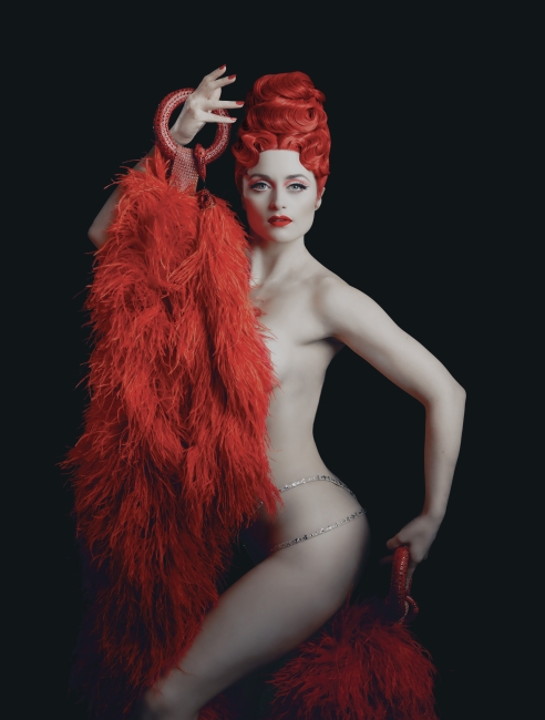 Didi Derrière photographed for billboard poster on the side of the iconic Windmill Theatre 
